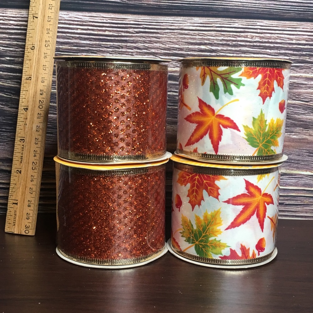 Set of 4 Autumn Orange Leaf Wire Edge Ribbon 9’